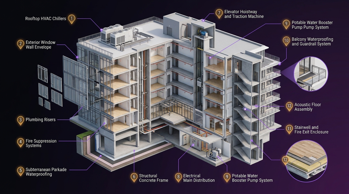 Isometric architectural cutaway classifying the 12 statutory component categories under BC SPR 6.2