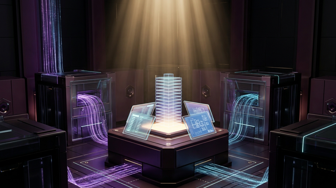 Cryptographic digital archive vault with holographic architectural plans and permanent ledger records