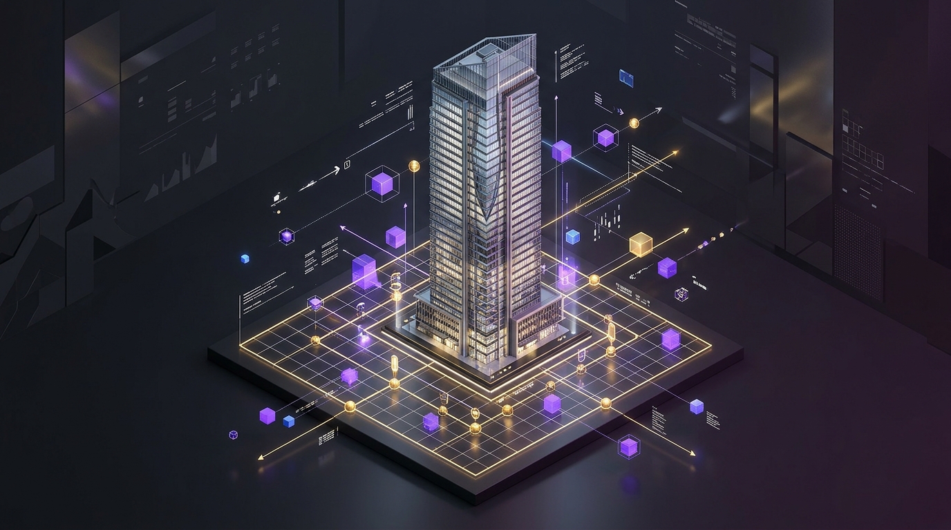 3D strata tower rising from capital reserve financial lifecycle curve with 5-year timeline milestones