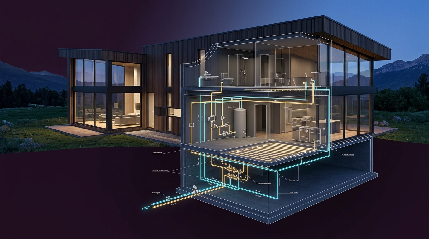 3D x-ray cutaway of modern mountain chalet showing concealed plumbing risers and shutoff valves