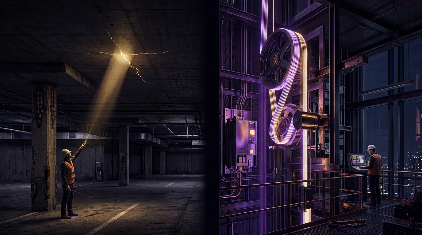 Split architectural cutaway: Parkade slab hairline crack vs high-rise elevator traction hoist machinery