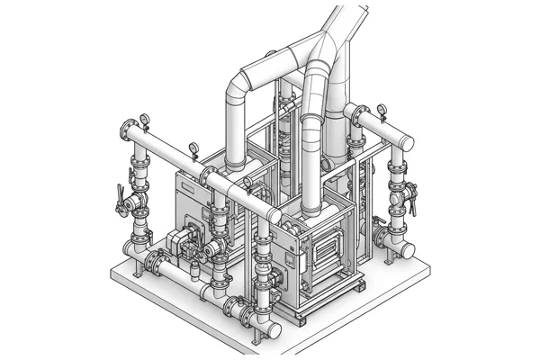 Black and white isometric Revit LOD 300 BIM model reference of commercial condensing boiler assembly MEP-BLR-01