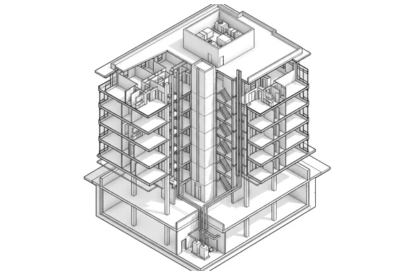 Black and white isometric Revit LOD 300 whole-building BIM cutaway showing strata structural frame, elevator core, and MEP risers