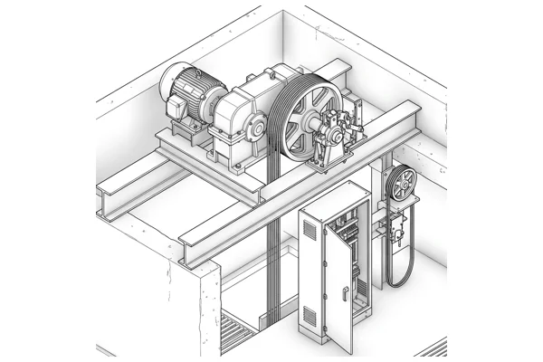 Black and white isometric Revit LOD 300 BIM model reference of geared traction elevator drive and controller assembly VT-ELV-02